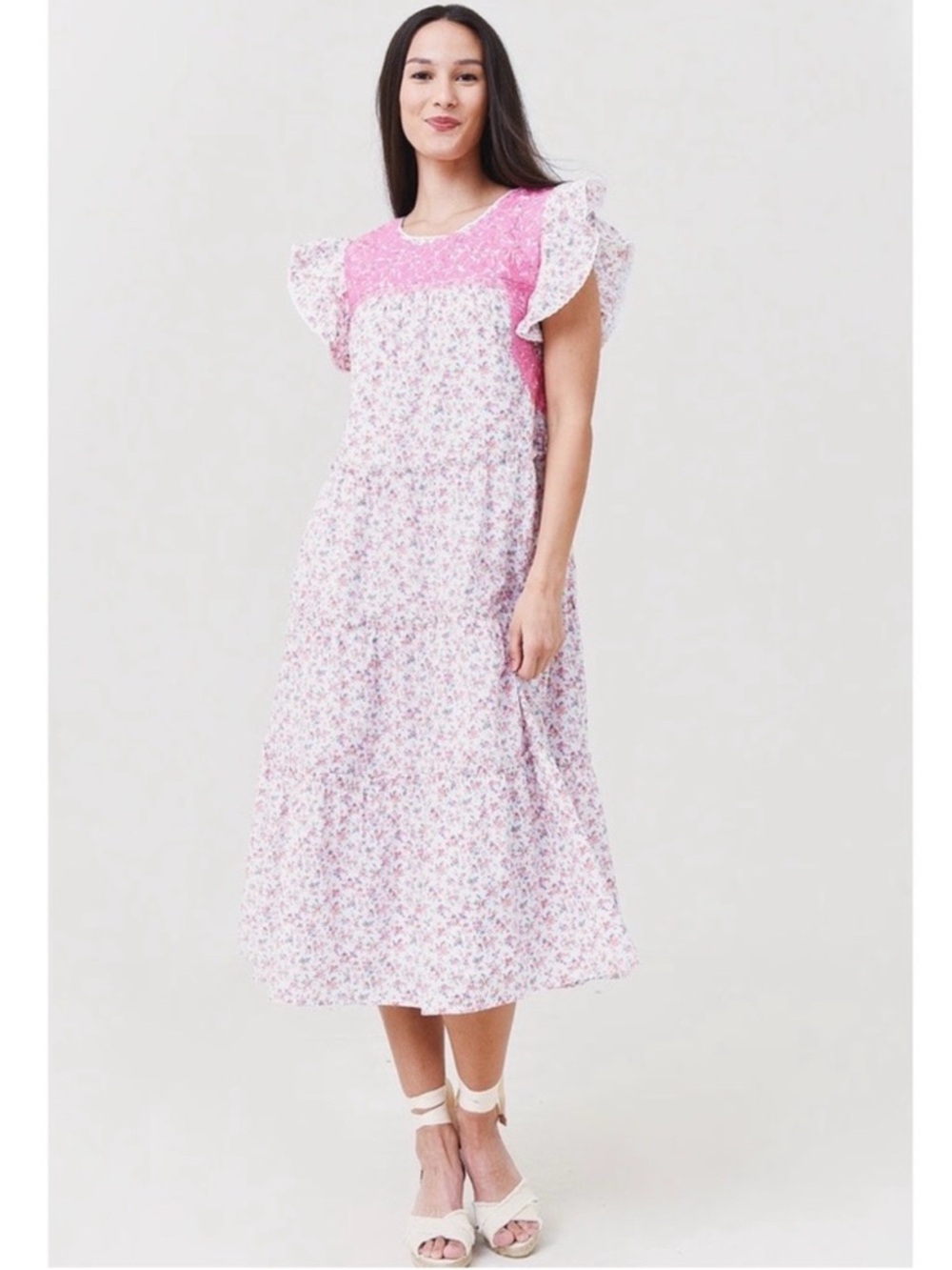 J.Marie Pink Floral Midi Dress with Ruffle Sleeves